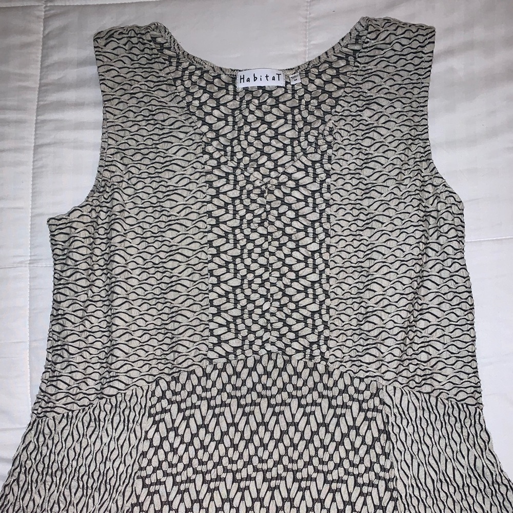 Habitat, black and white tank top with designs.